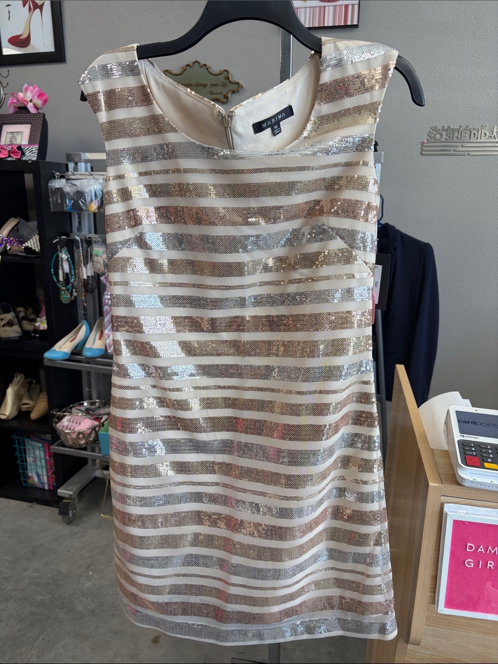 MARINA Gold and Ivory Sequin Striped Shift Dress